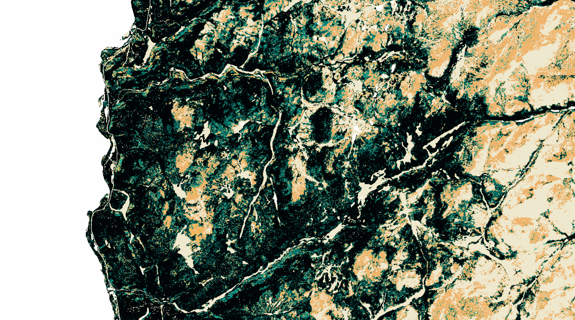 Korkea länsi, 2023 <br/>
                <small>mustesuihkuvedos<br />
                90 cm x 50 cm<br />
                Sisältää Luonnonvarakeskuksen Monilähteisen valtakunnan metsien inventoinnin (MVMI) 2019 kartta-aineistoa.</small>